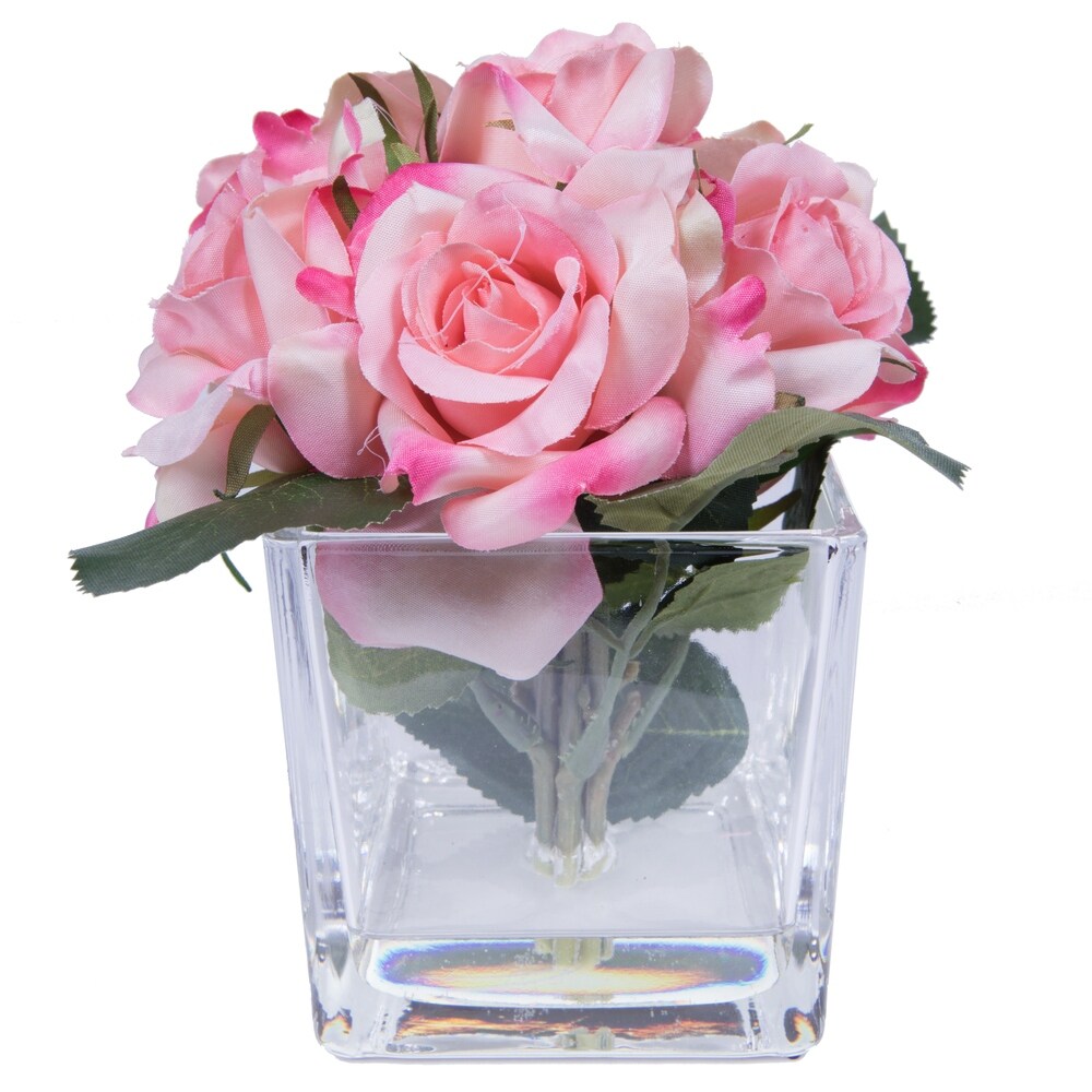 Vickerman 7" Artificial Pink Rose Bundle in Glass Cube, 3 Piece Set