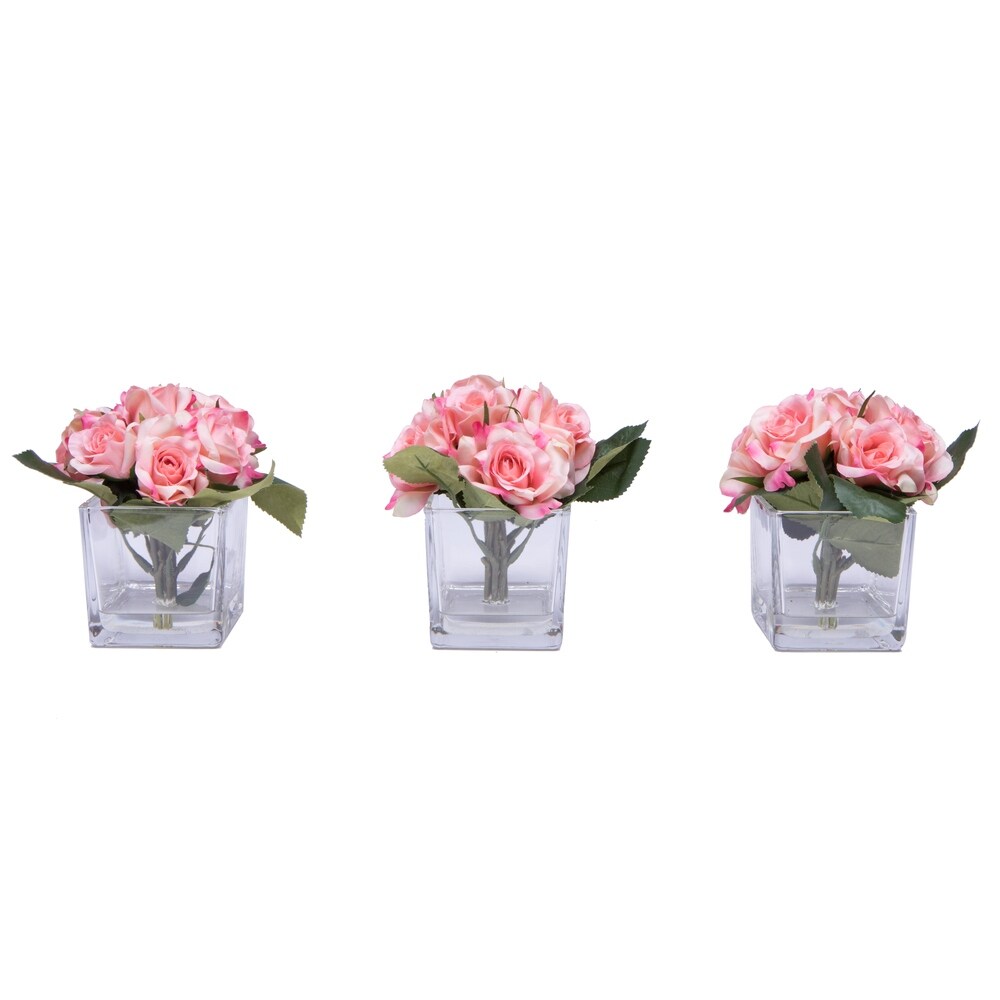 Vickerman 7" Artificial Pink Rose Bundle in Glass Cube, 3 Piece Set