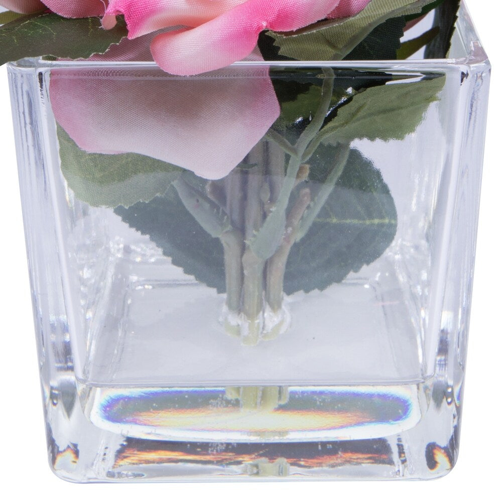 Vickerman 7" Artificial Pink Rose Bundle in Glass Cube, 3 Piece Set