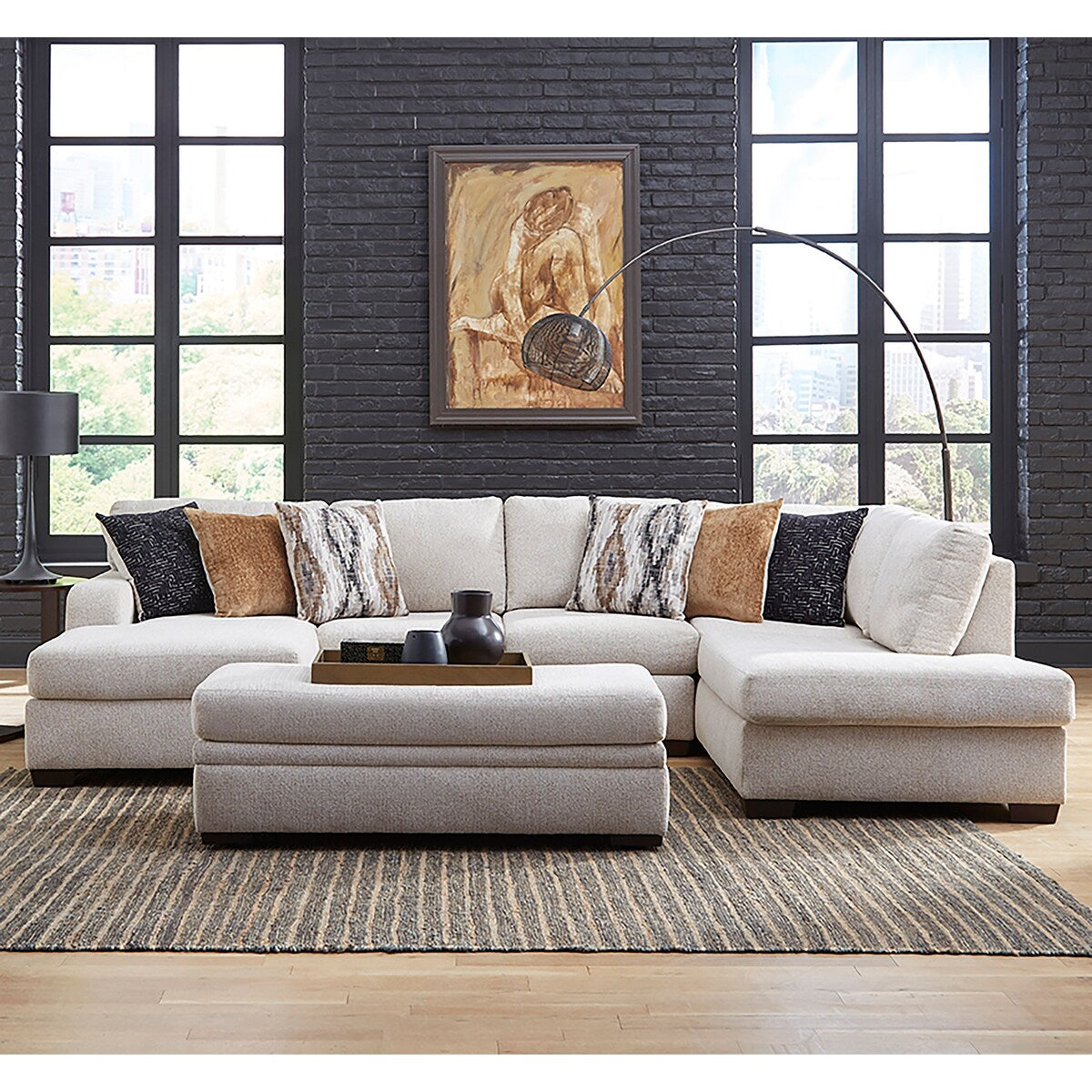 Victor 3-Piece Chaise Sectional with Ottoman, Sand