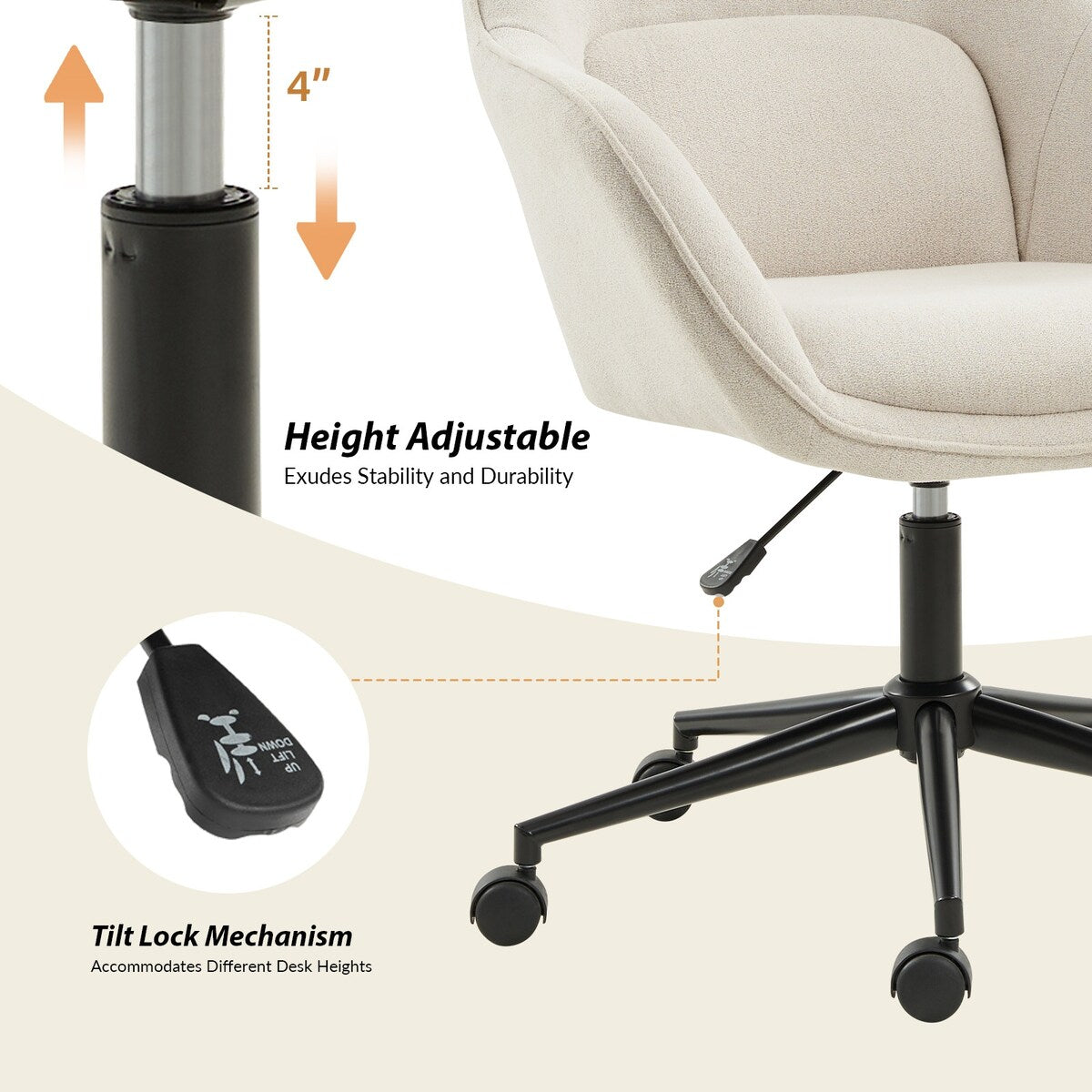 Victoria Curved Backrest 0ffice Chair Rotatable With Casters And Metal Base by HULALA HOME