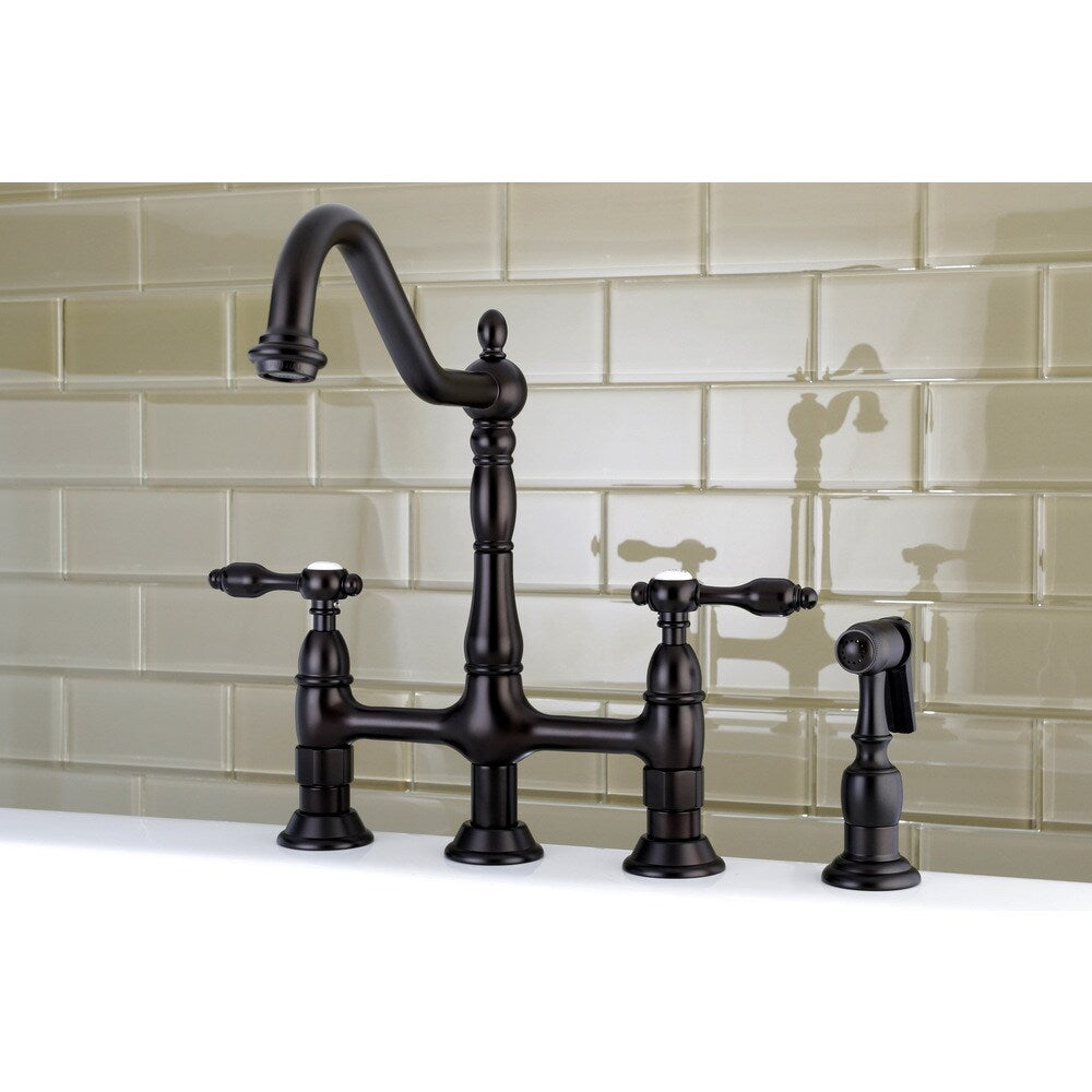 Kingston Brass Victorian High Spout Lever-Handles Bridge Kitchen Faucet with Side Sprayer