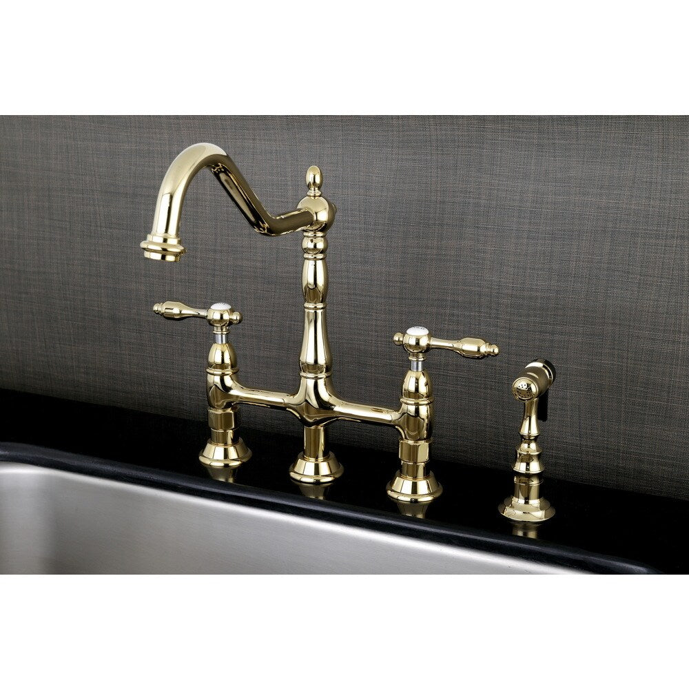 Kingston Brass Victorian High Spout Lever-Handles Bridge Kitchen Faucet with Side Sprayer