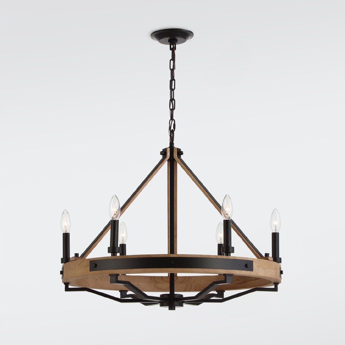 VidaLite Savannah 6-Light Rustic Farmhouse Style Chandelier, Natural Brown & Matte Black Round Pendant Chandelier Light