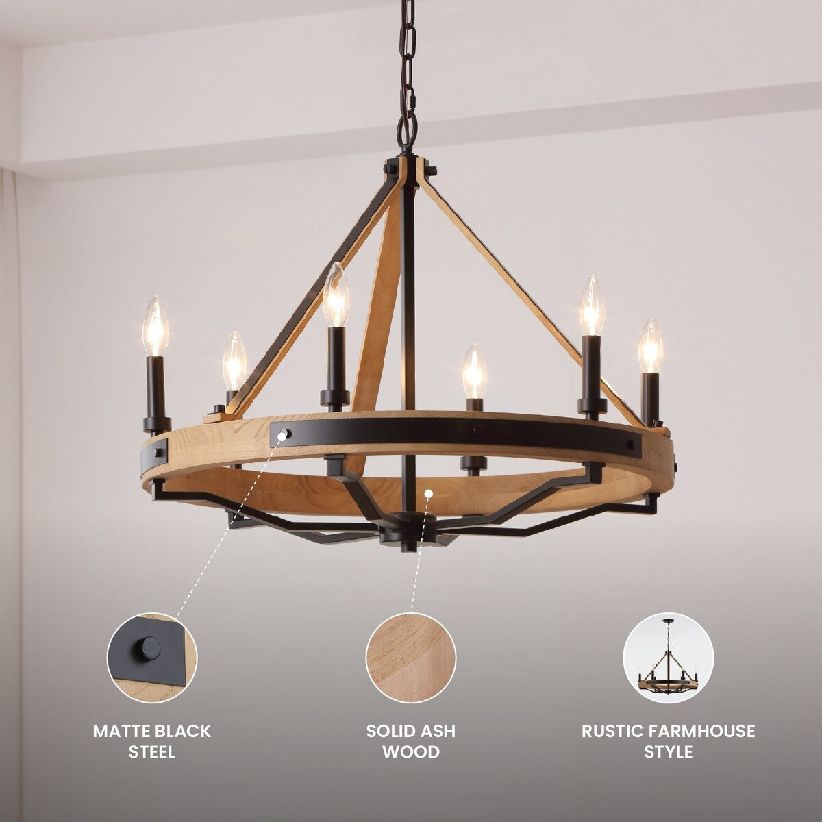 VidaLite Savannah 6-Light Rustic Farmhouse Style Chandelier, Natural Brown & Matte Black Round Pendant Chandelier Light