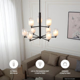 VidaLite Seren 9-Light Matte Black Chandelier With Handmade Glass Shades, Round Modern Style Pendant Chandelier Light