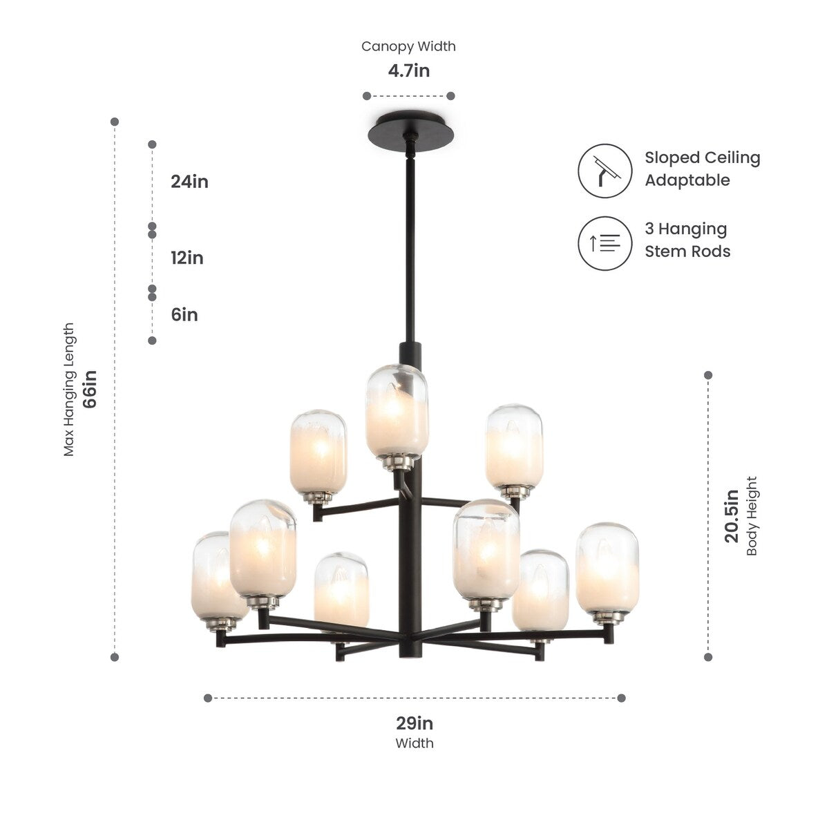 VidaLite Seren 9-Light Matte Black Chandelier With Handmade Glass Shades, Round Modern Style Pendant Chandelier Light