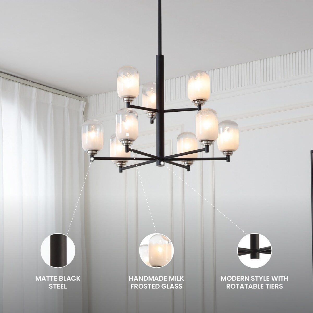 VidaLite Seren 9-Light Matte Black Chandelier With Handmade Glass Shades, Round Modern Style Pendant Chandelier Light