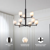 VidaLite Seren 9-Light Matte Black Chandelier With Handmade Glass Shades, Round Modern Style Pendant Chandelier Light