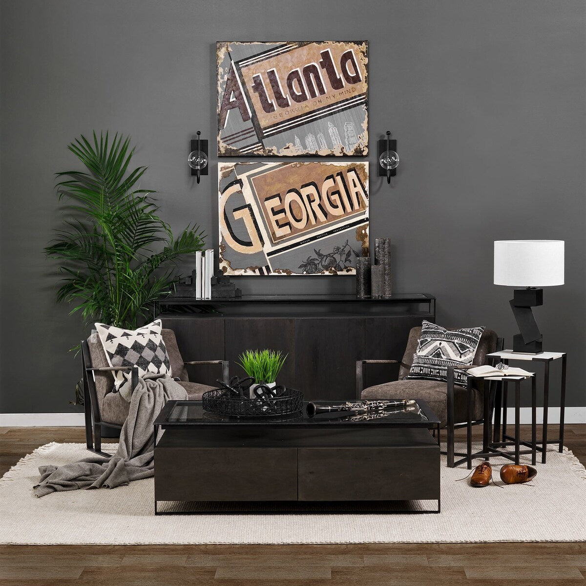 Vidro Glass Top w/ Black Solid Wood Drawers & Black Iron Frame Rectangular Coffee Table