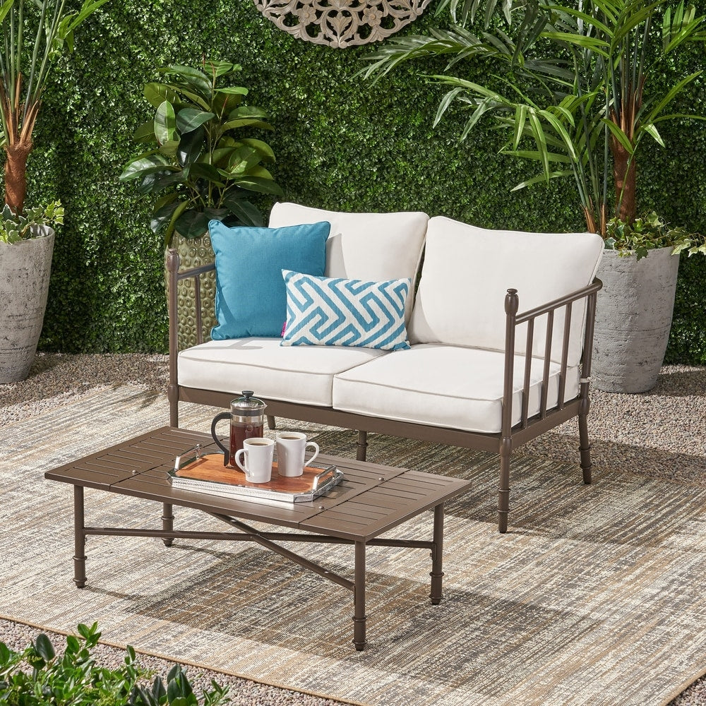 Vienne Outdoor Cushioned Aluminum Loveseat and Coffee Table by Christopher Knight Home