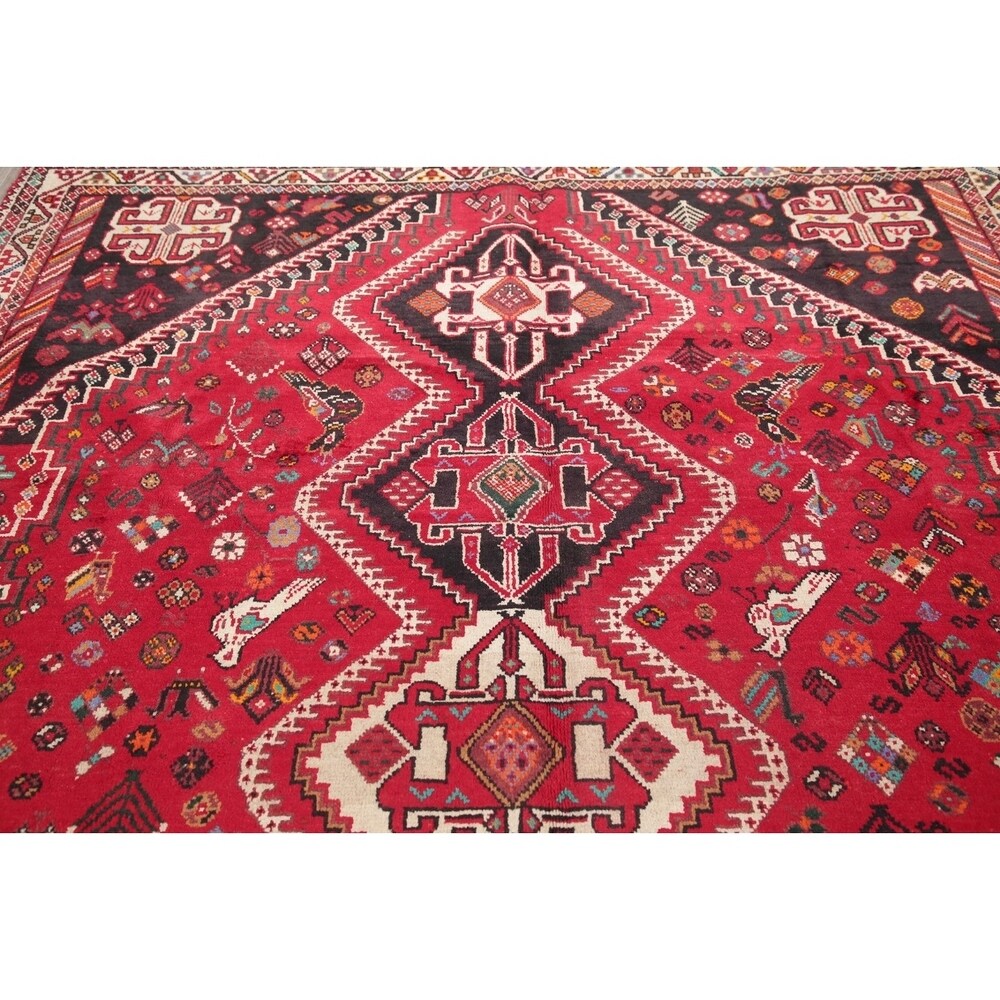 Vinatge Shiraz Oriental Tribal Hand Knotted Wool Persian Area Rug - 10'1" x 7'1"