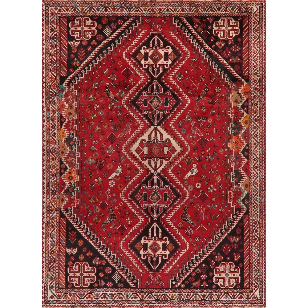 Vinatge Shiraz Oriental Tribal Hand Knotted Wool Persian Area Rug - 10'1" x 7'1"