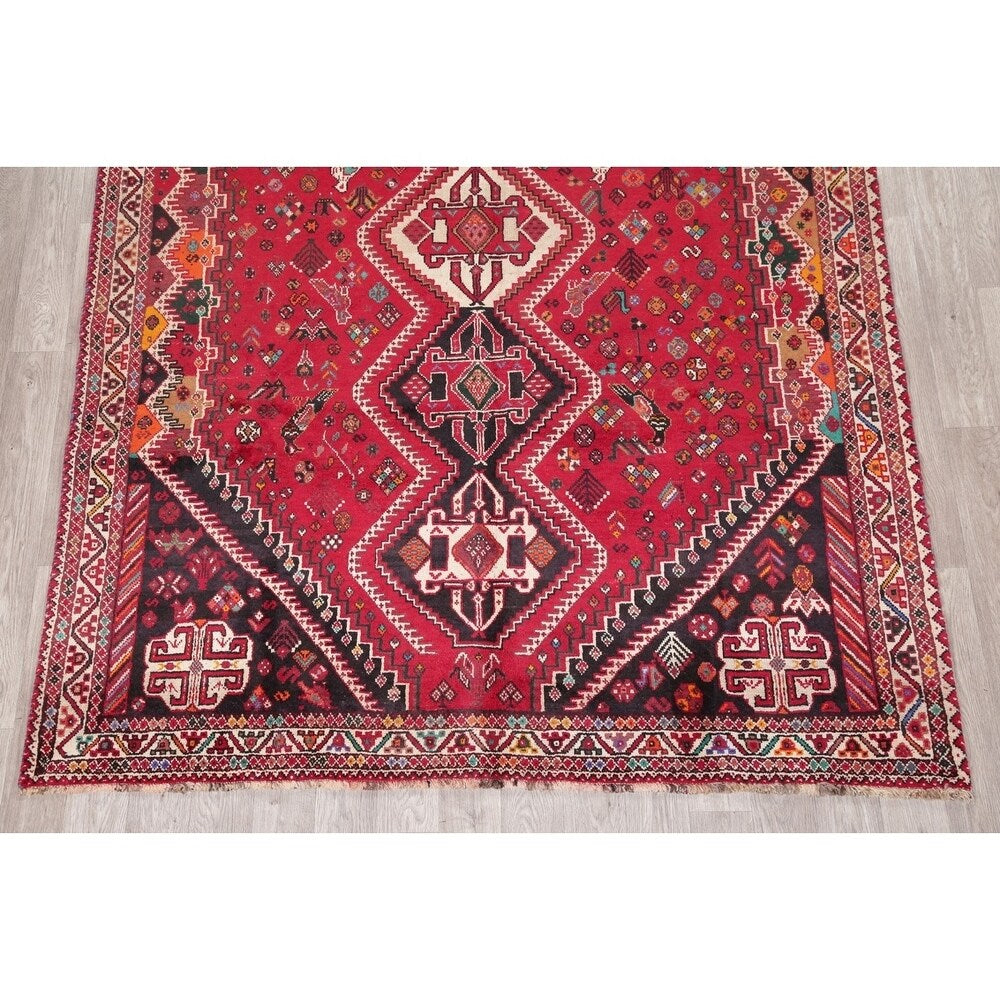 Vinatge Shiraz Oriental Tribal Hand Knotted Wool Persian Area Rug - 10'1" x 7'1"