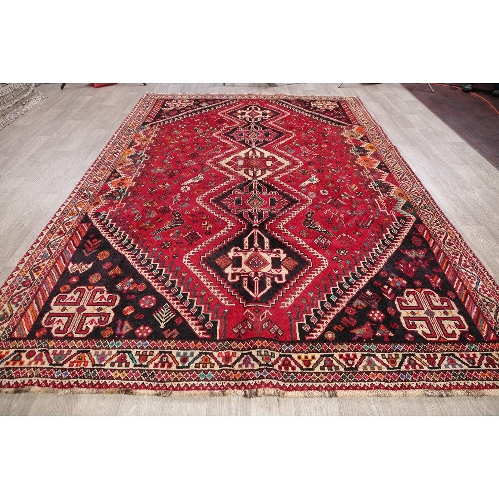 Vinatge Shiraz Oriental Tribal Hand Knotted Wool Persian Area Rug - 10'1" x 7'1"