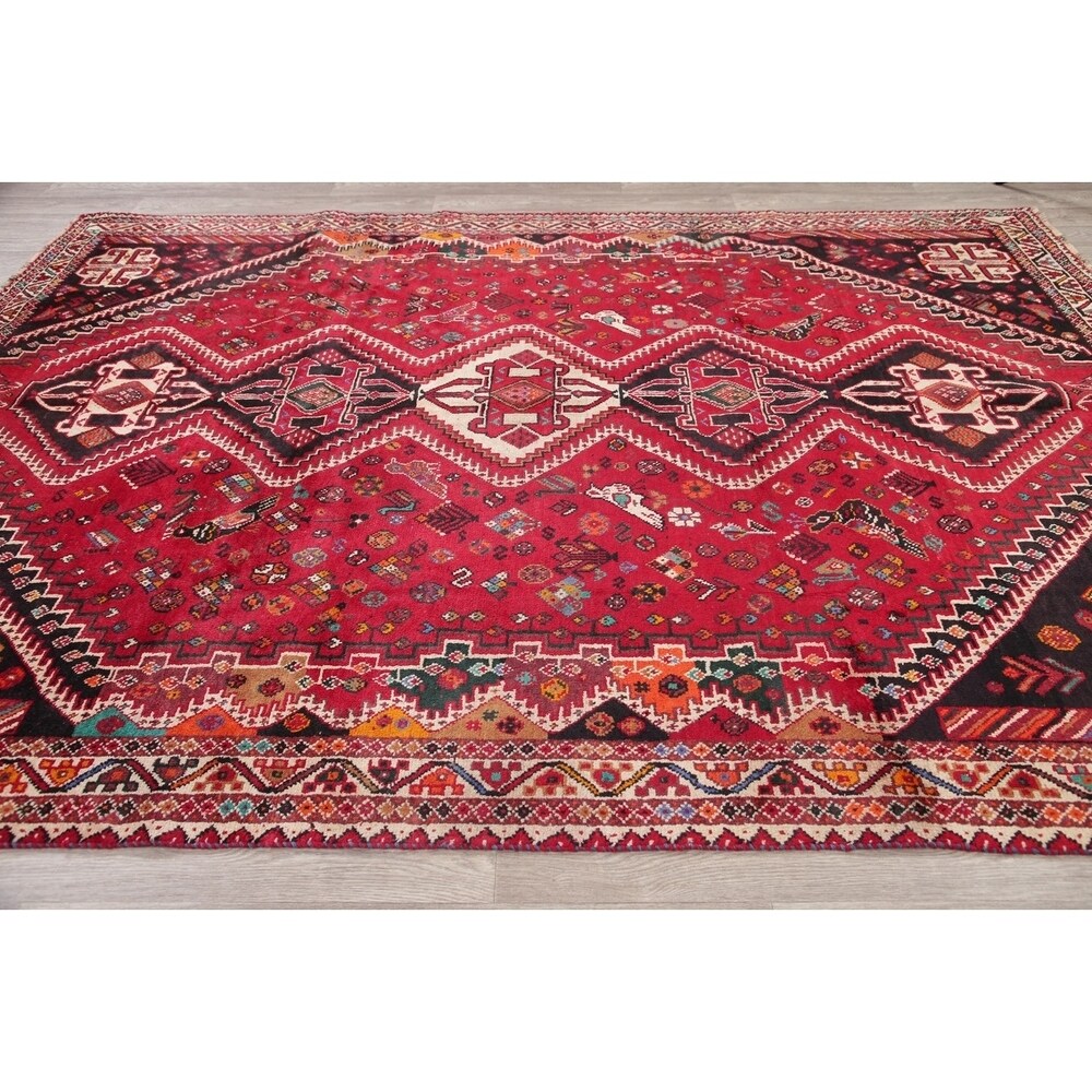 Vinatge Shiraz Oriental Tribal Hand Knotted Wool Persian Area Rug - 10'1" x 7'1"