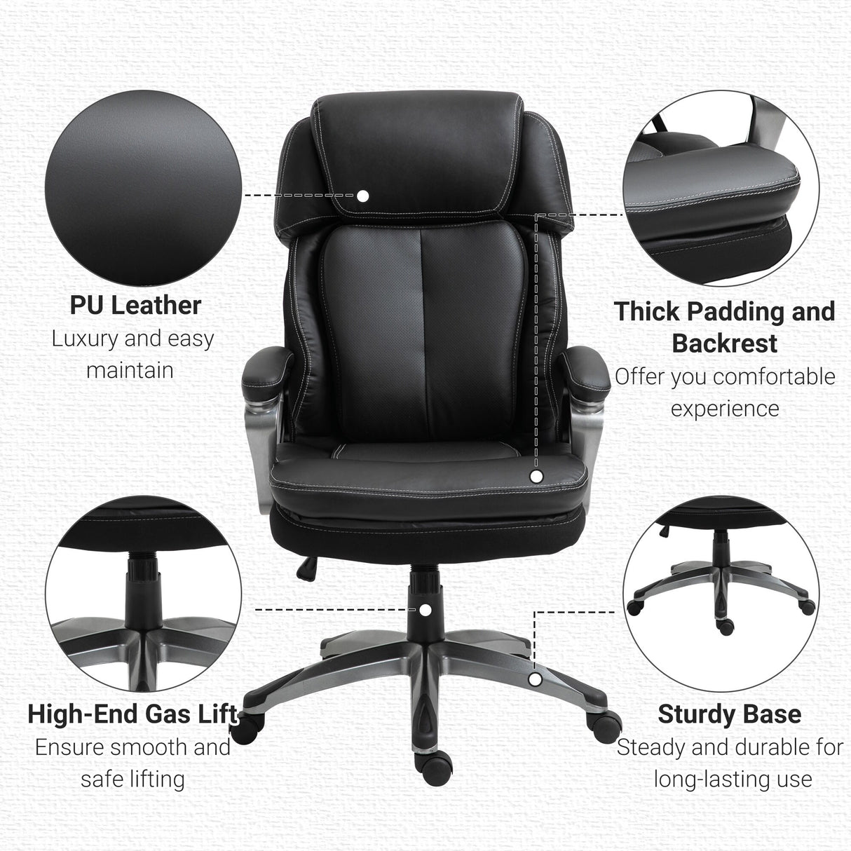 Vinsetto High Back Ergonomic Home Office Chair PU Leather Swivel Chair with Adjustable Height and Padded Armrests