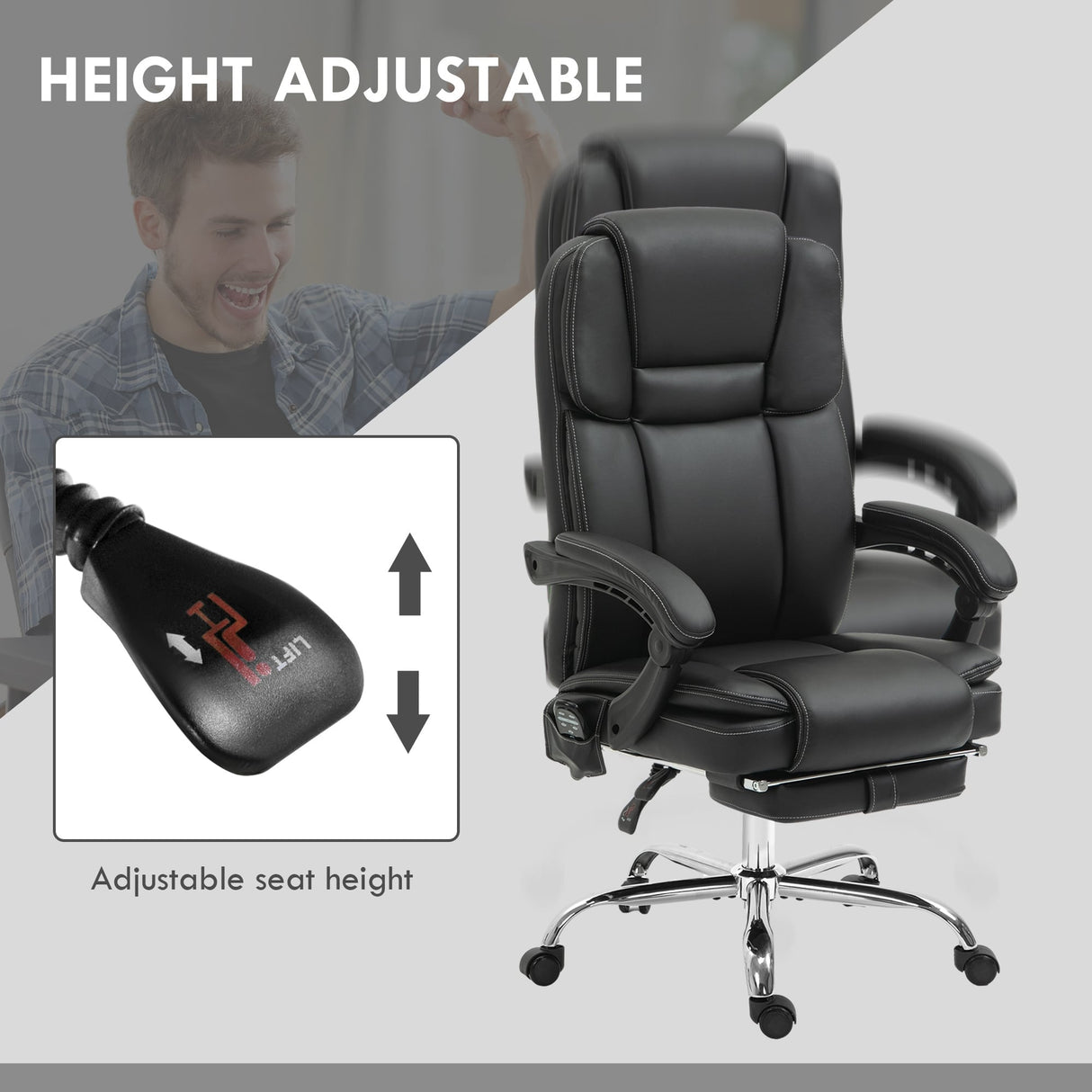 Vinsetto Massage Office Chair with 6 Vibration Points, Heated Reclining PU Leather Computer Chair with Adjustable Height, Black