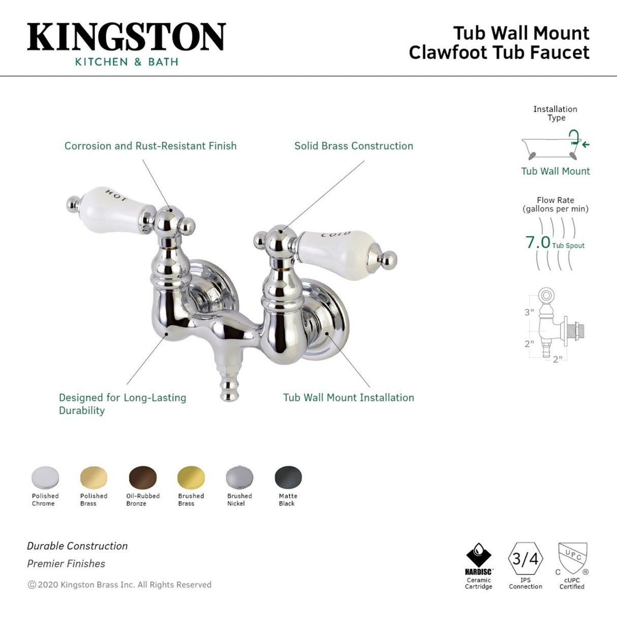 Kingston Brass Vintage 3-3/8 Inch Wall Mount Tub Faucet