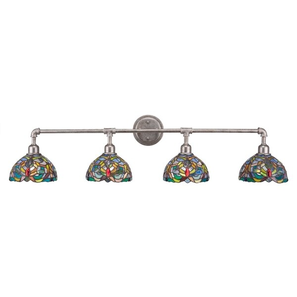 Vintage 4 Light Bath Bar Shown In Aged Silver Finish Tiffany Glass Shade