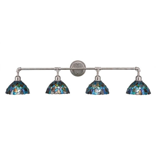 Vintage 4 Light Bath Bar Shown In Aged Silver Finish Tiffany Glass Shade