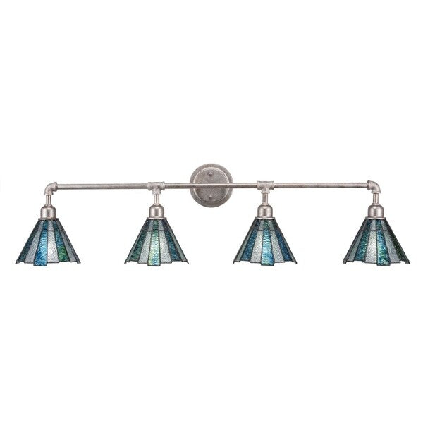 Vintage 4 Light Bath Bar Shown In Aged Silver Finish Tiffany Glass Shade