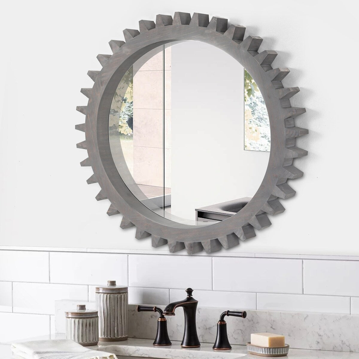 Vintage 42"x 42"Wood Round Hanging Gear Shape Heavy Decorative Mirror For Bathroom Living Room Entryway Or Put Together