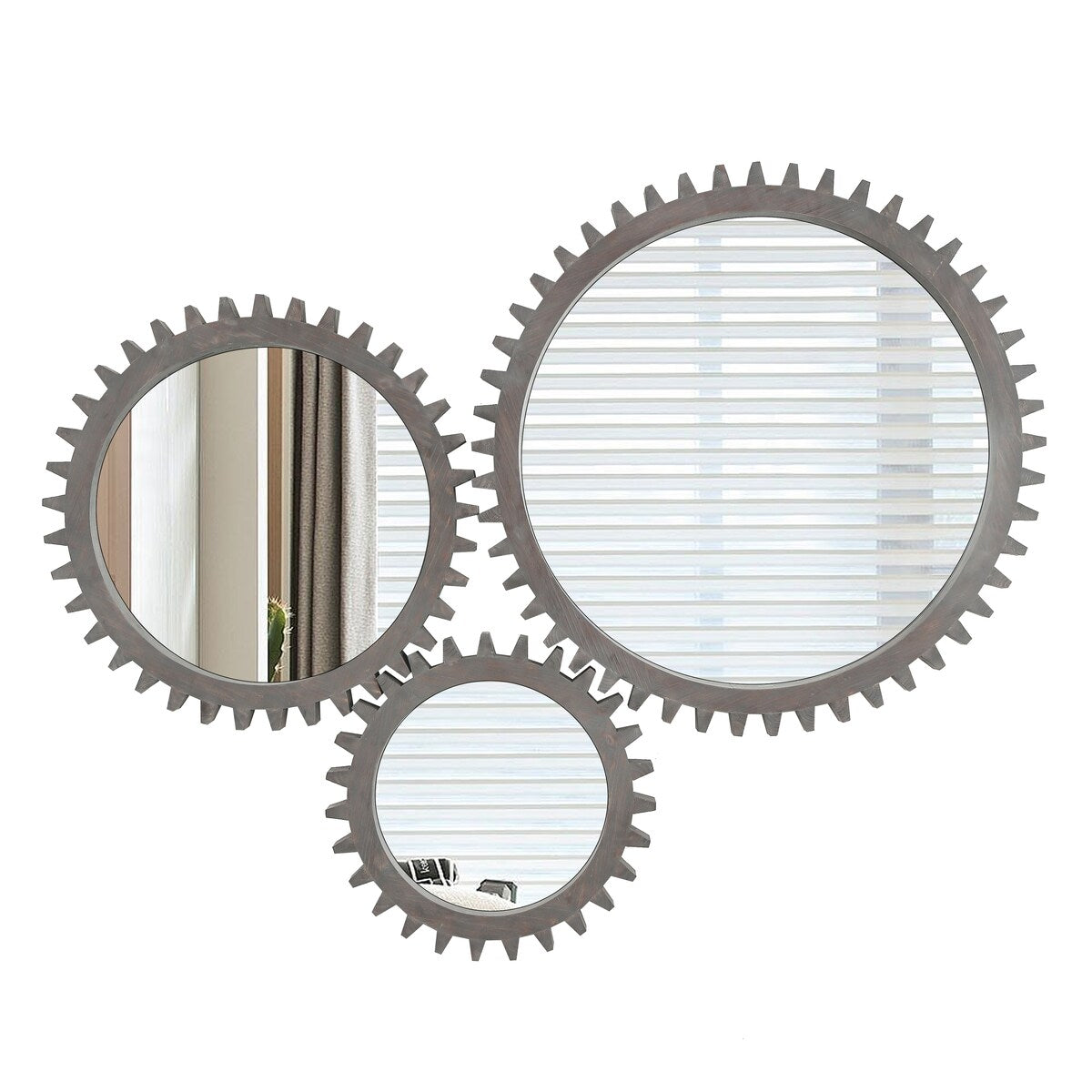Vintage 42"x 42"Wood Round Hanging Gear Shape Heavy Decorative Mirror For Bathroom Living Room Entryway Or Put Together