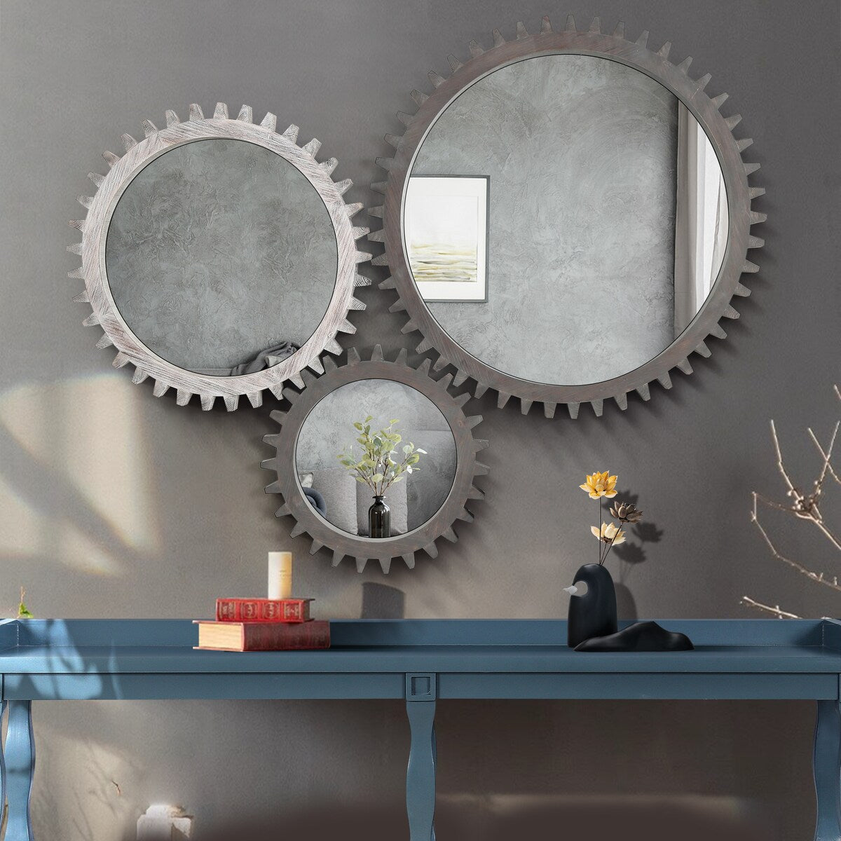 Vintage 42"x 42"Wood Round Hanging Gear Shape Heavy Decorative Mirror For Bathroom Living Room Entryway Or Put Together
