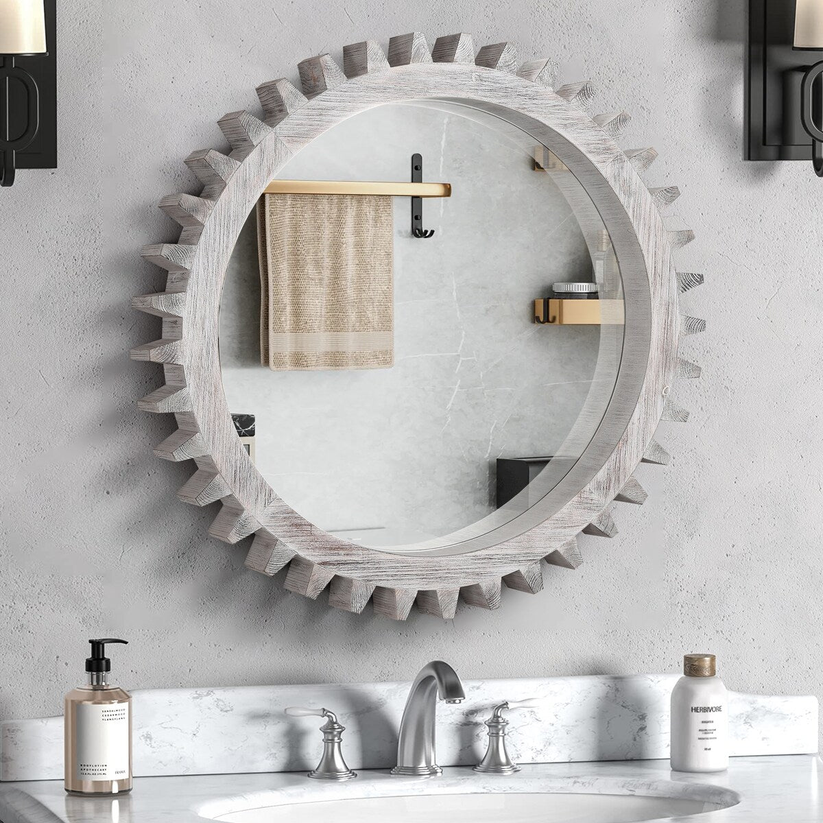 Vintage 42"x 42"Wood Round Hanging Gear Shape Heavy Decorative Mirror For Bathroom Living Room Entryway Or Put Together