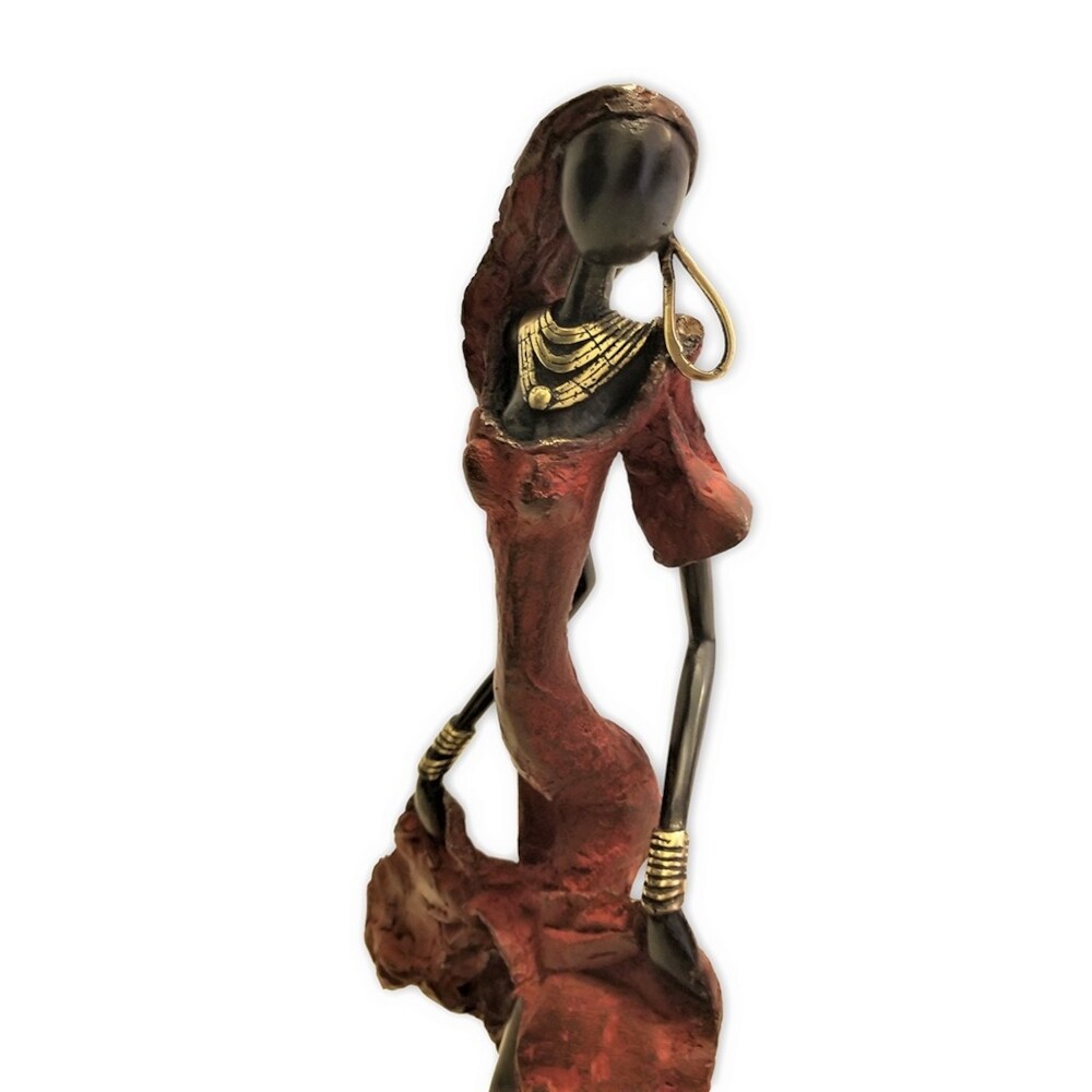 Vintage Bronze Dancing West African Woman Sculpture - 5.9" W x 5.9" D x 15.7" H