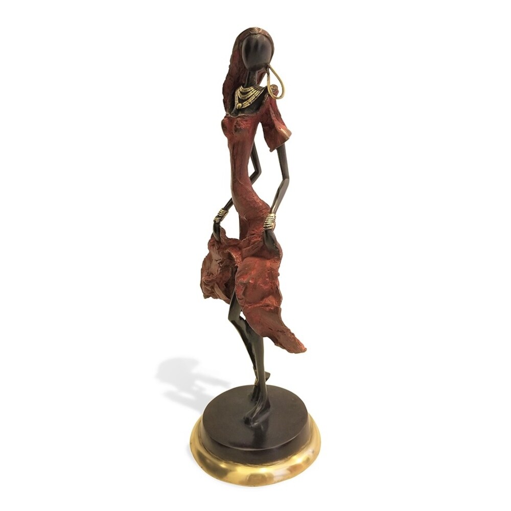 Vintage Bronze Dancing West African Woman Sculpture - 5.9" W x 5.9" D x 15.7" H