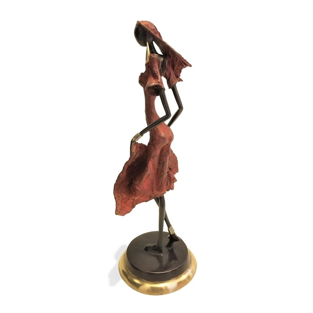 Vintage Bronze Dancing West African Woman Sculpture - 5.9" W x 5.9" D x 15.7" H