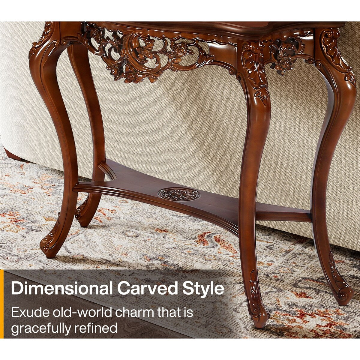 Vintage Carved Console Table with Storage Shelves Sofa Table