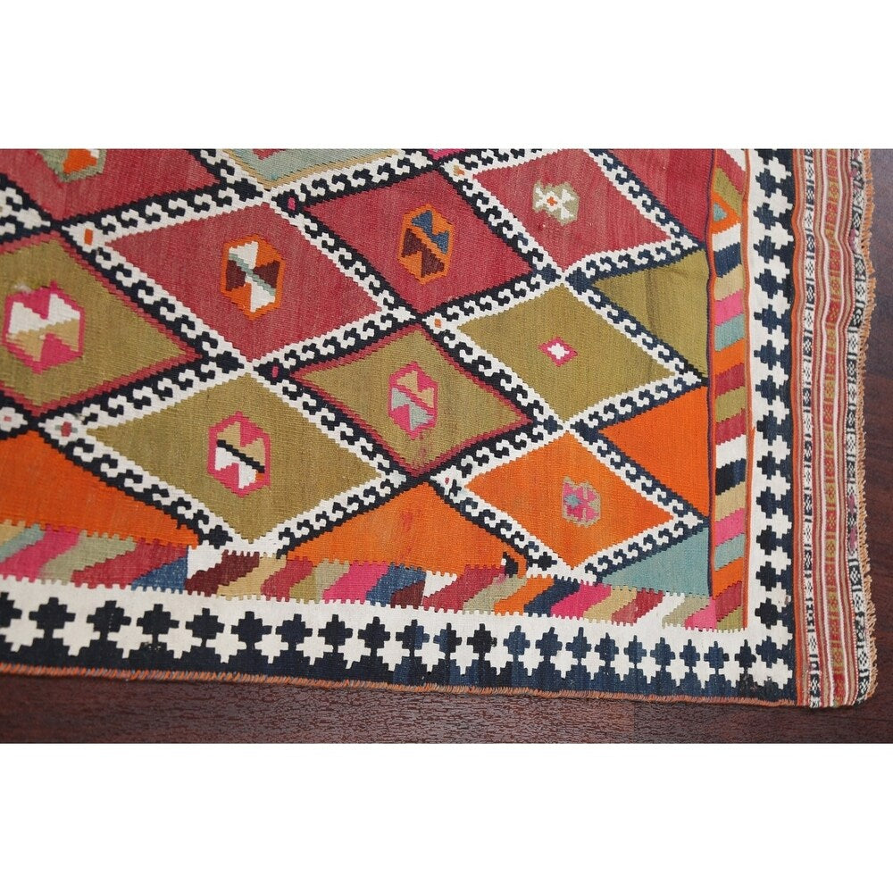 Vintage Diamond Geometric Kilim Kashkoli Persian Runner Rug Hand-Woven - 4'4" x 8'7" Runner
