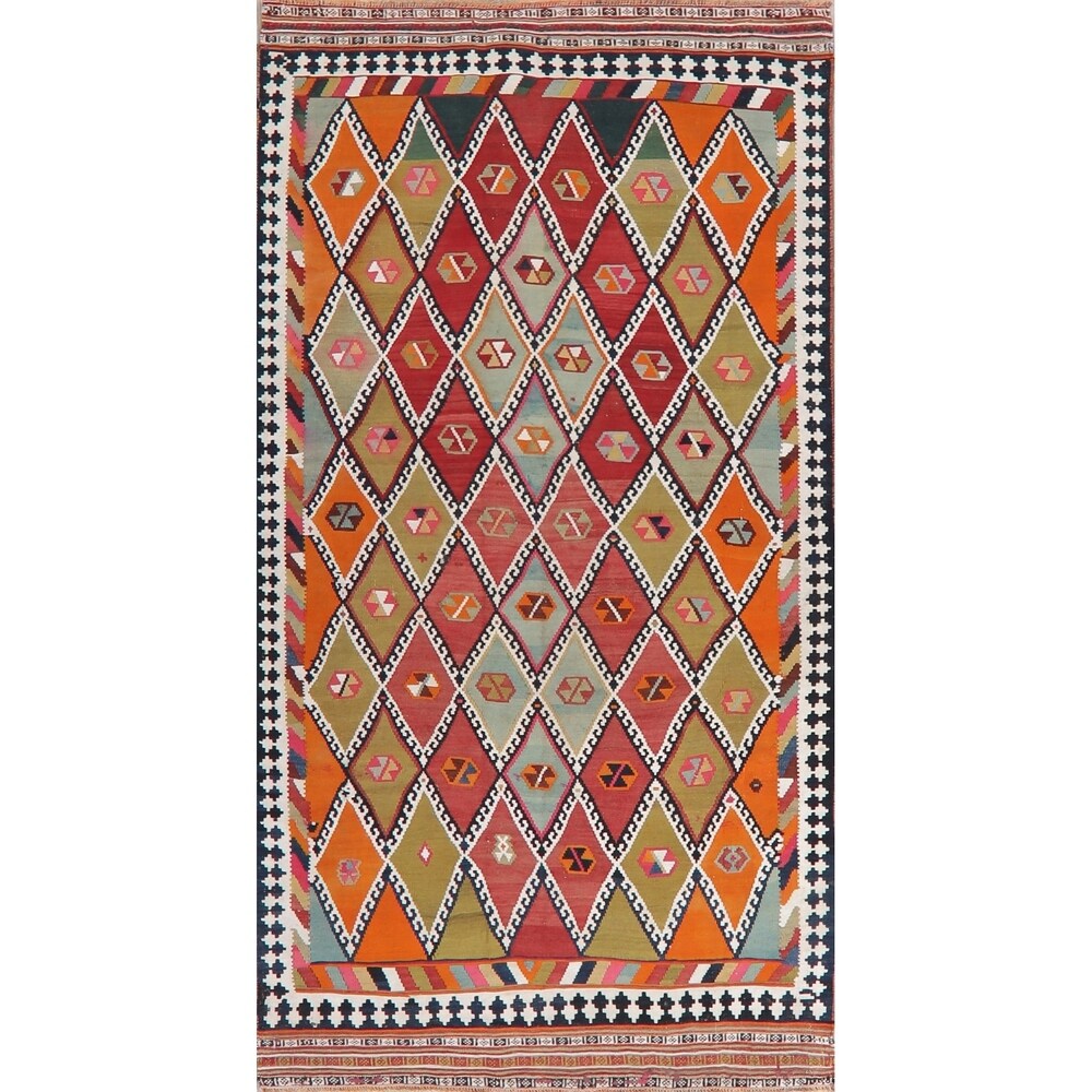 Vintage Diamond Geometric Kilim Kashkoli Persian Runner Rug Hand-Woven - 4'4" x 8'7" Runner