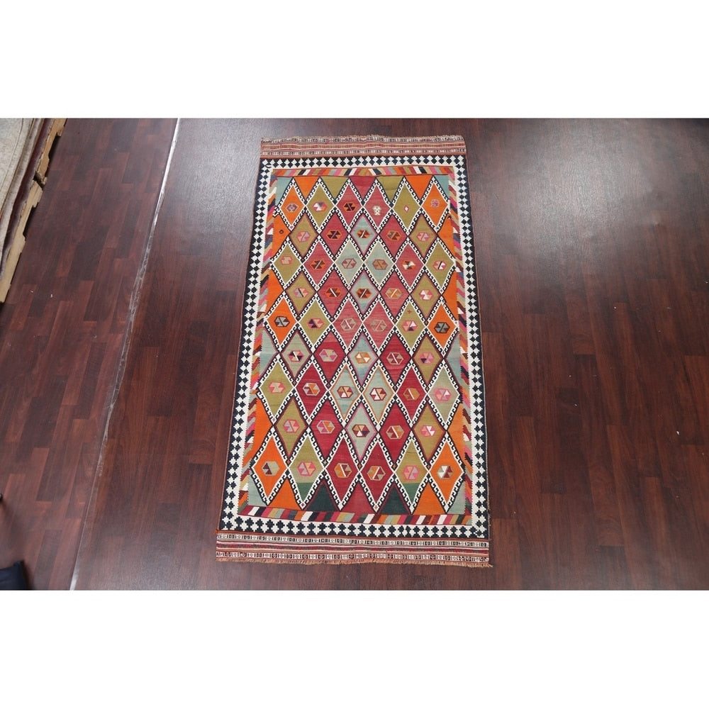 Vintage Diamond Geometric Kilim Kashkoli Persian Runner Rug Hand-Woven - 4'4" x 8'7" Runner