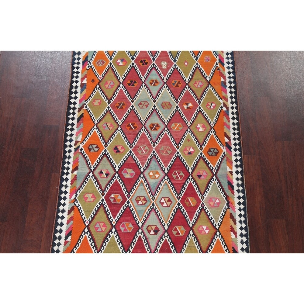 Vintage Diamond Geometric Kilim Kashkoli Persian Runner Rug Hand-Woven - 4'4" x 8'7" Runner