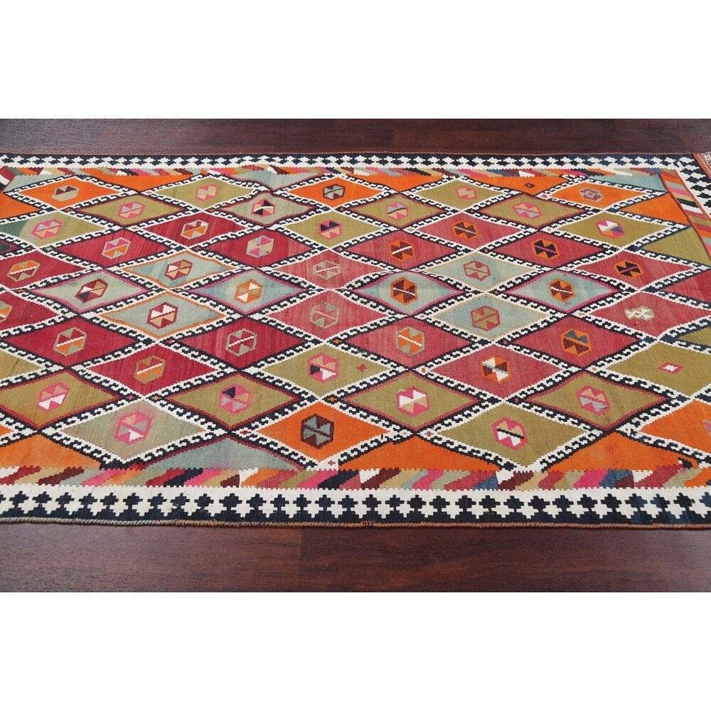Vintage Diamond Geometric Kilim Kashkoli Persian Runner Rug Hand-Woven - 4'4" x 8'7" Runner