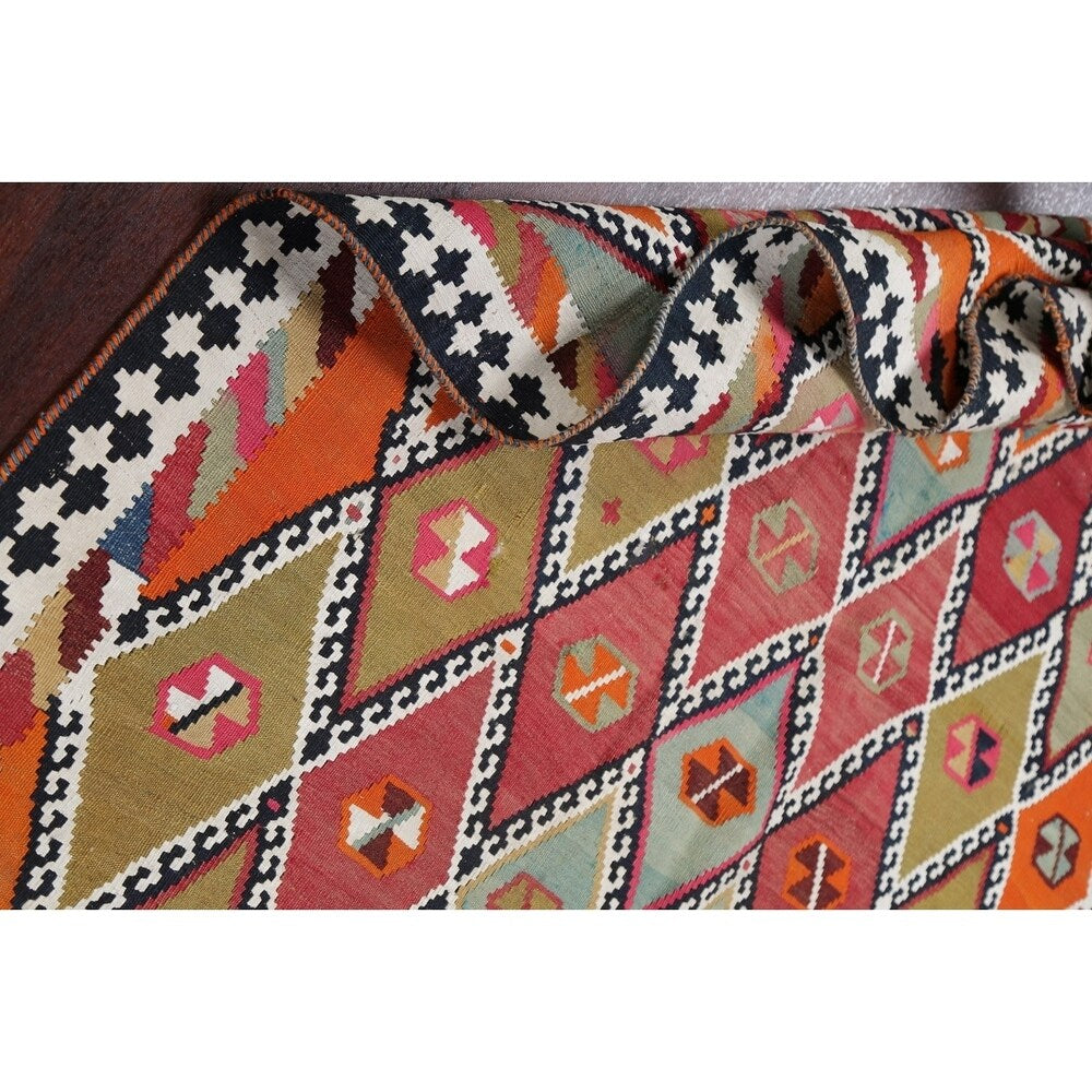 Vintage Diamond Geometric Kilim Kashkoli Persian Runner Rug Hand-Woven - 4'4" x 8'7" Runner