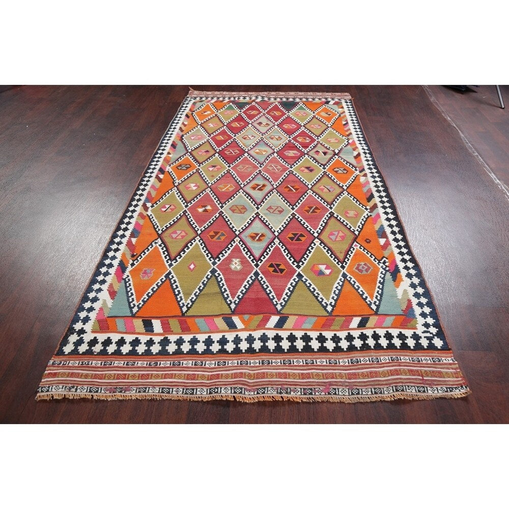 Vintage Diamond Geometric Kilim Kashkoli Persian Runner Rug Hand-Woven - 4'4" x 8'7" Runner