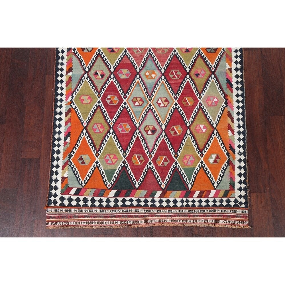 Vintage Diamond Geometric Kilim Kashkoli Persian Runner Rug Hand-Woven - 4'4" x 8'7" Runner