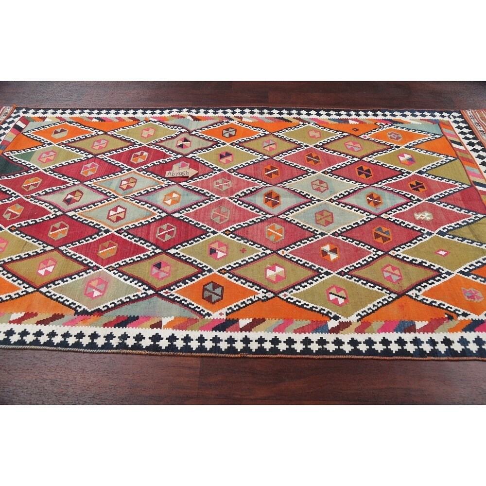 Vintage Diamond Geometric Kilim Kashkoli Persian Runner Rug Hand-Woven - 4'4" x 8'7" Runner