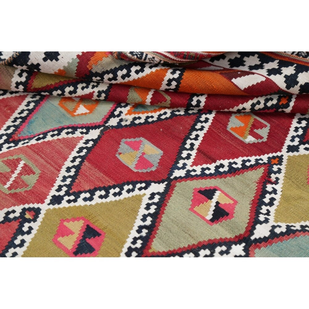 Vintage Diamond Geometric Kilim Kashkoli Persian Runner Rug Hand-Woven - 4'4" x 8'7" Runner