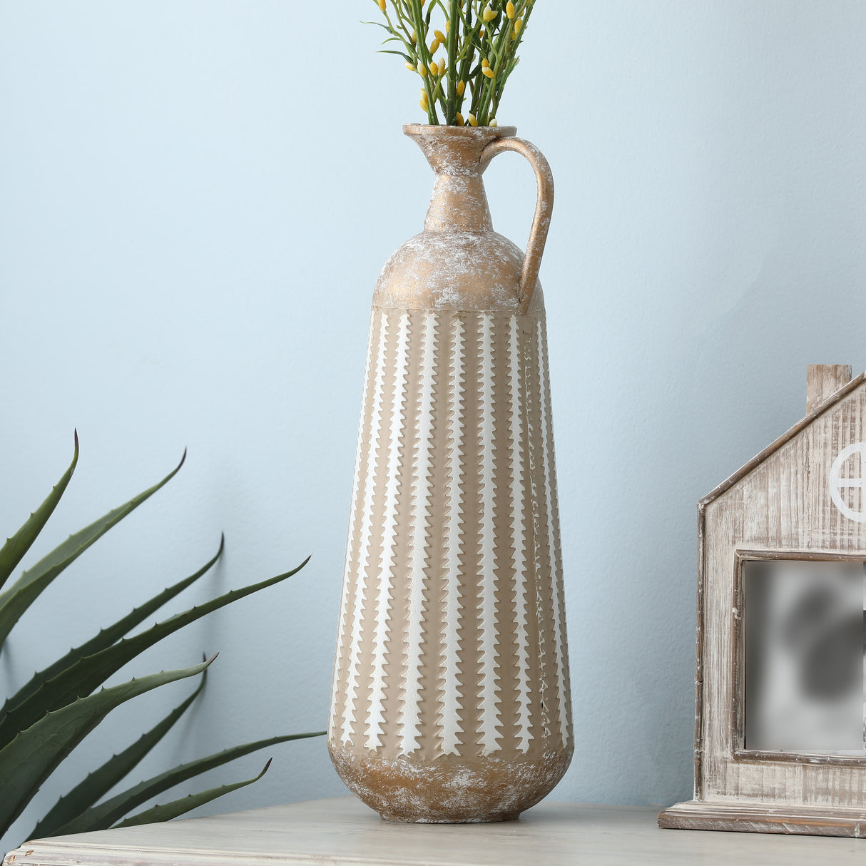 16.75-Inch H Distressed Tan and White Metal Table Pitcher Vase