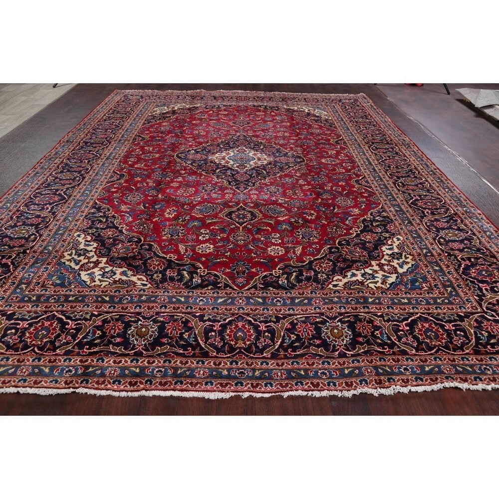 Vintage Floral Medallion Kashan Persian Oriental Area Rug Handmade - 9'8" x 13'2"