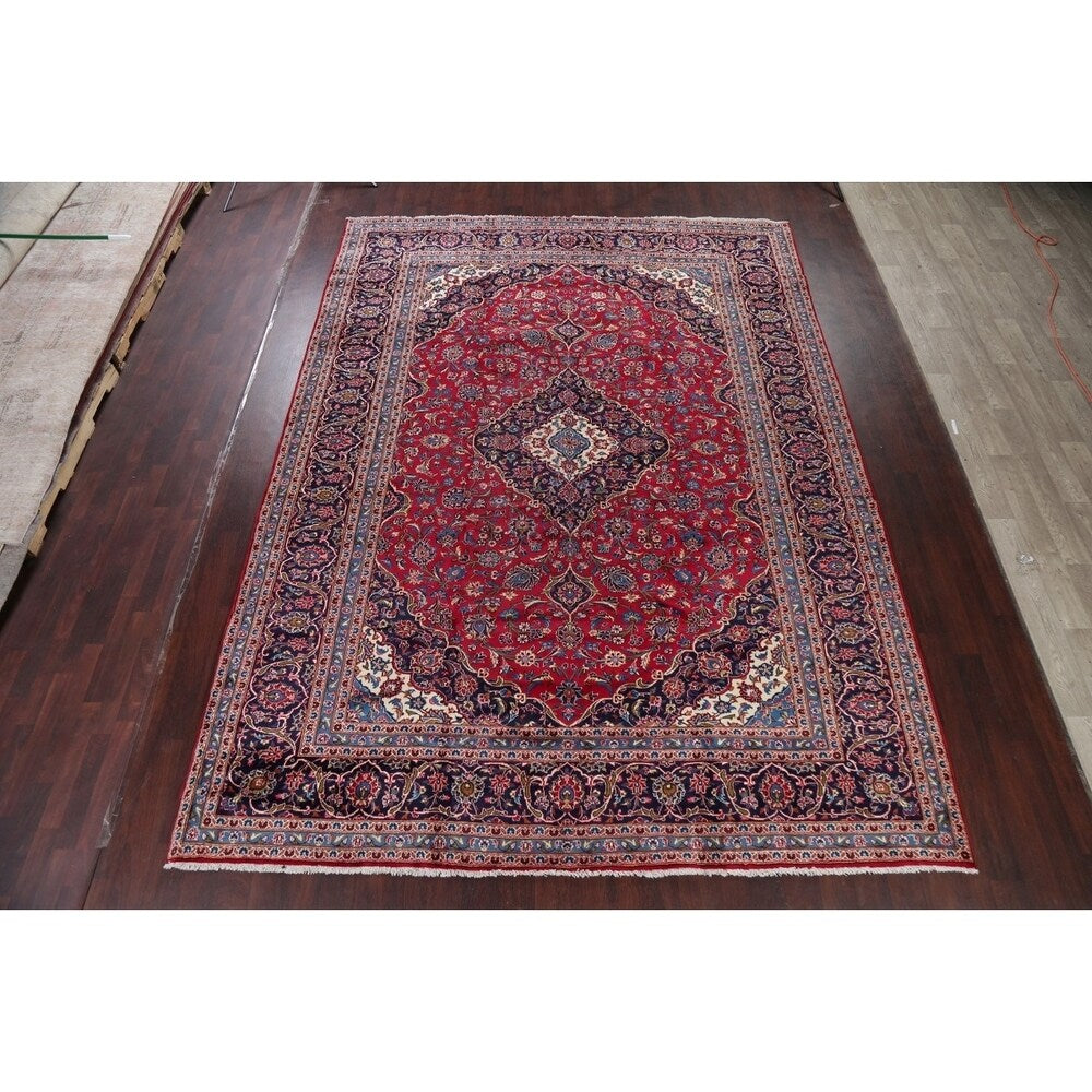 Vintage Floral Medallion Kashan Persian Oriental Area Rug Handmade - 9'8" x 13'2"