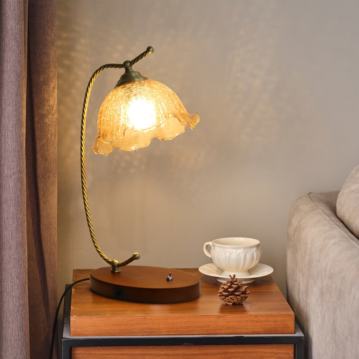 Vintage Flower Glass Table Lamp with Wooden Base USB Charging Port - 6.6x20.2 inch