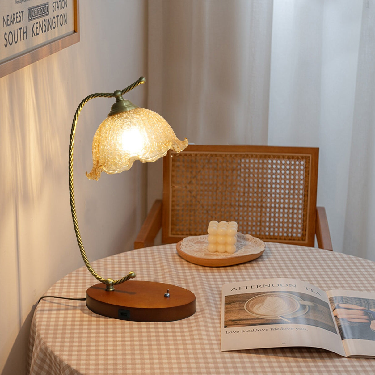 Vintage Flower Glass Table Lamp with Wooden Base USB Charging Port - 6.6x20.2 inch