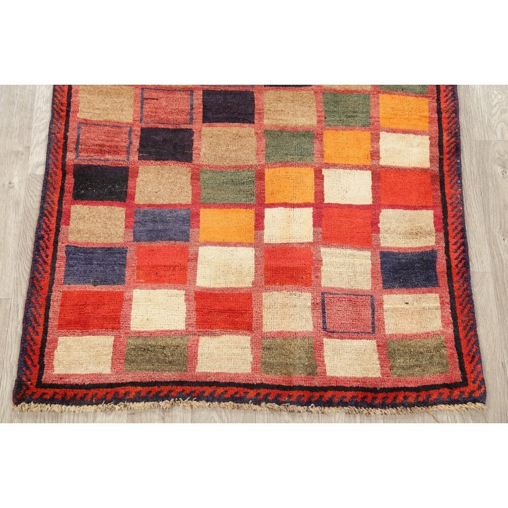 Vintage Gabbeh Checked Hand Knotted Wool Oriental Persian Area Rug - 4'8" x 3'6"